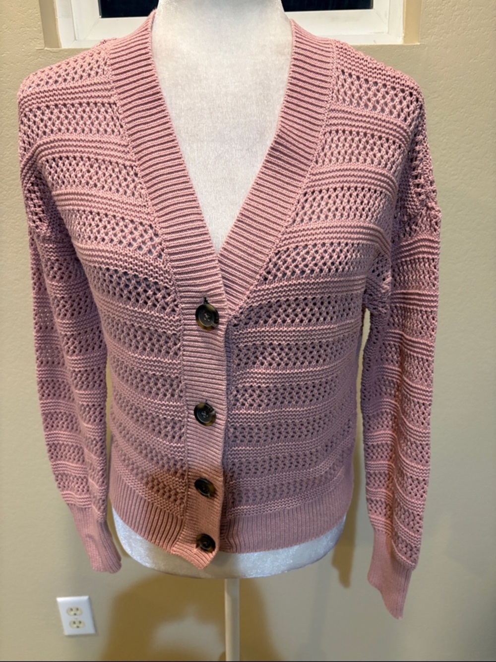Sonoma Cotton Blend Dusty Pink Open-Knit V-Neck Button Cardigan-Size M